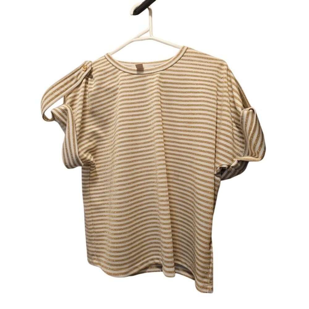 Michael Kors Gold & White Striped Short Sleeve Top With Button Accents P/M